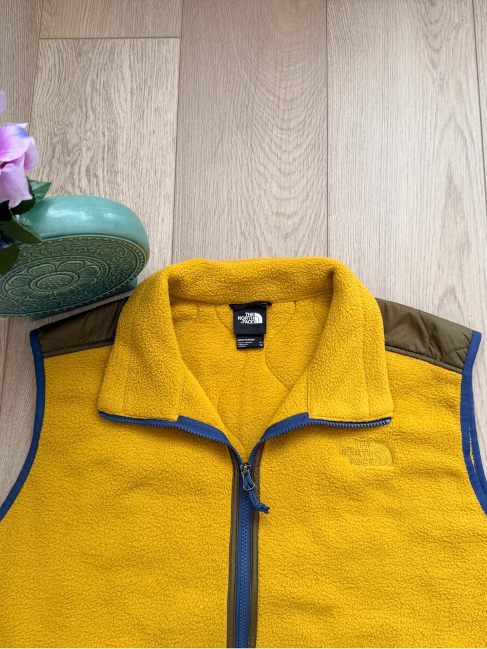 The North Face Yellow Fleece Vest with Olive Patch Pockets and Blue Trim - Picture 5 of 11